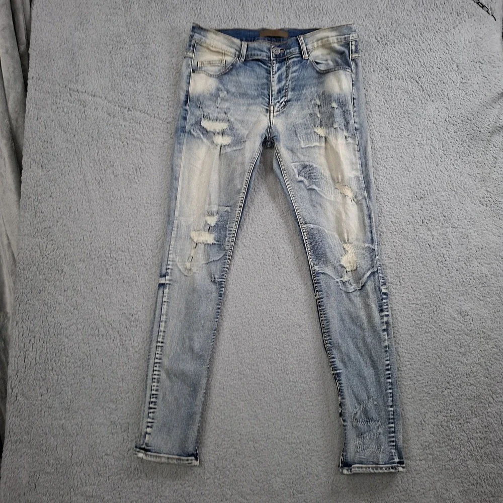 KDNK Distress Ripped Stacked Skinny Jeans Mens Size 34 Ankle Zip Grunge Y2K MOTO
